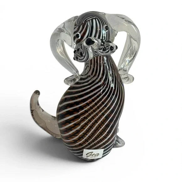 Gca Art Glass Brown White Striped Dog Figurine Hand Blown Glass Sculpture 6