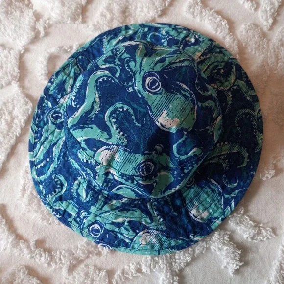 Gymboree Baby Reversible Sun Bucket Coastal Hat Octopus 12-24M Blue