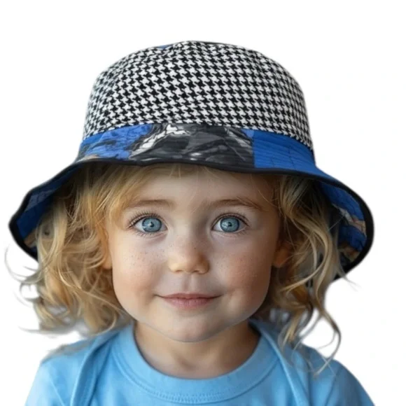 22” Batman/Houndstooth‎ Blue and Black Reversible Bucket Hat Hand Crafted 003