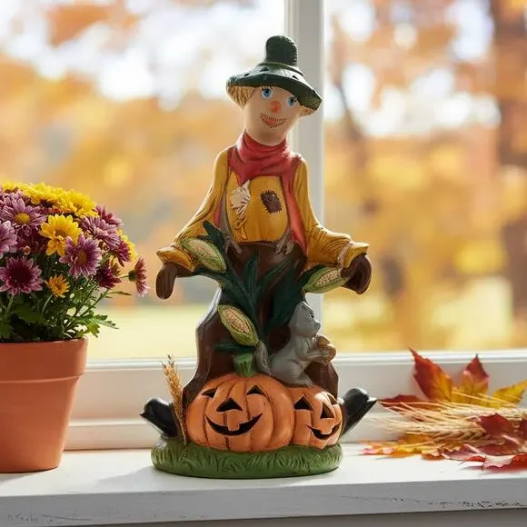 Vintage Ceramic Scarecrow & Pumpkin Luminary | 1970s/80s Halloween Decor