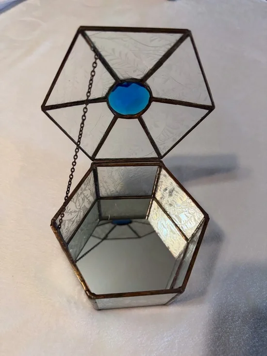 Vintage-Style‎ Hexagon Stained Glass Jewelry Box - Etched Panels & Mirrored Base