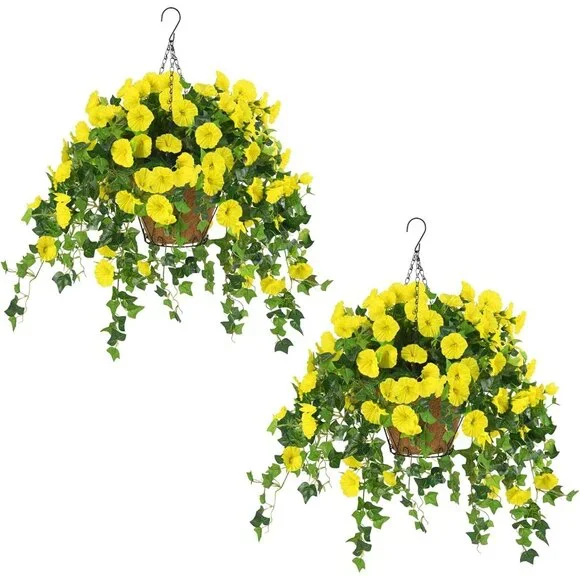 2-Pack Yellow Artificial Flowers Hanging Basket Plants Porch Patio Summer Decor
