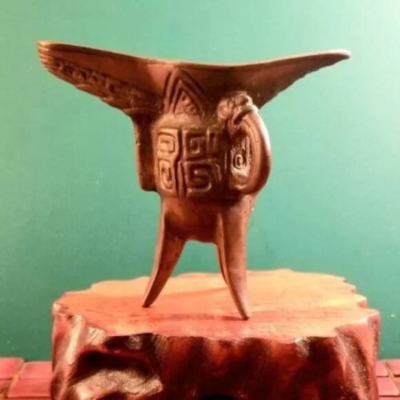 Antique Ceremonial Ritual Bronze Tripod Wine Warming Vessel Chinese Jue Style