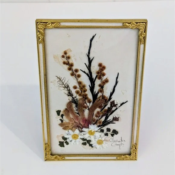 Vtg Framed Floral Dried Flower Picture Art Wall Hanging Signed Stella Turner