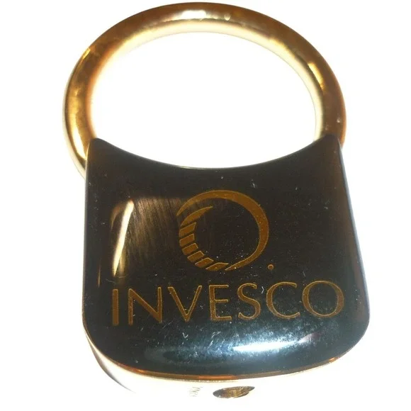 Invesco Corporate Logo Gold Tone Black‎ Enamel Padlock Shape Keychain Key Ring