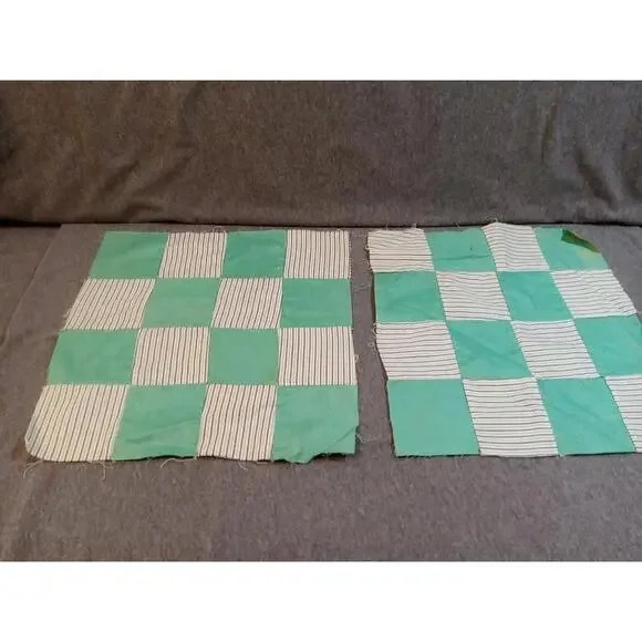 Patchwork Fabric Green And Stripe Squares Lot Of 2 For Making Quilts Blankets