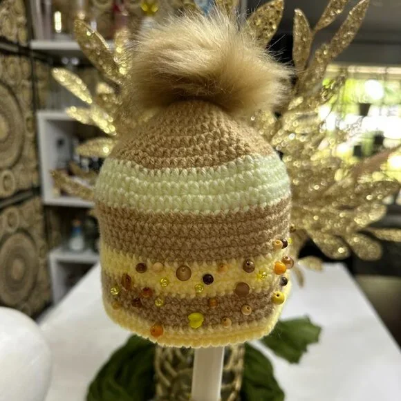 Handmade Crochet Beanie Hat With Pom Pom And Amber Bead Embellishments