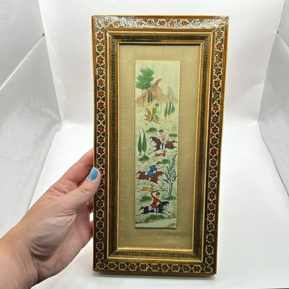 Vintage Persian Inlaid Wood Frame Handpainted Collectible Decor Horse Hunting