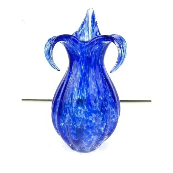 VTG Blue Murano Glass Vase Spotted Ribbed Vase 8.5
