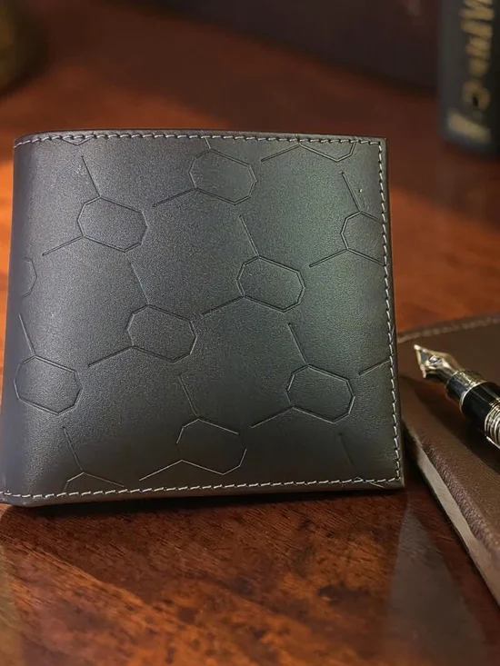 Men's Black Leather Bifold Wallet Chemical Formula Embossed