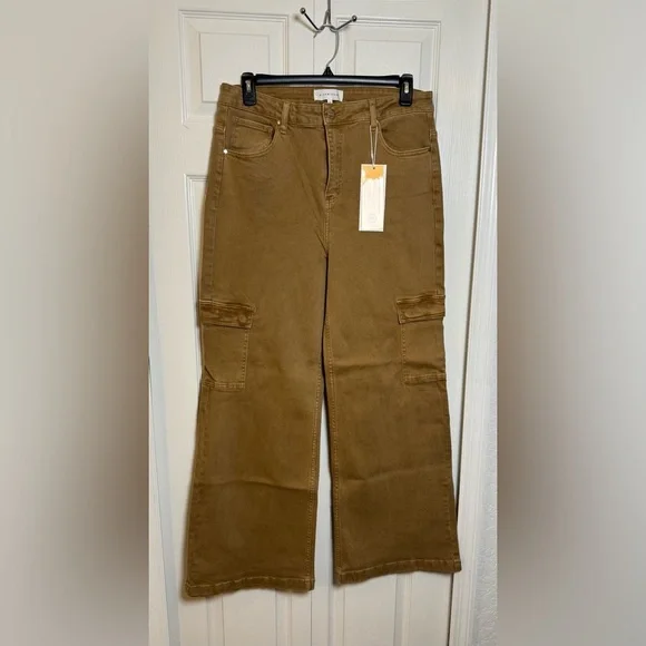 Risen Jeans Brown Cargo Wide Leg Flare Jeans 1XL NWT Stretch Denim