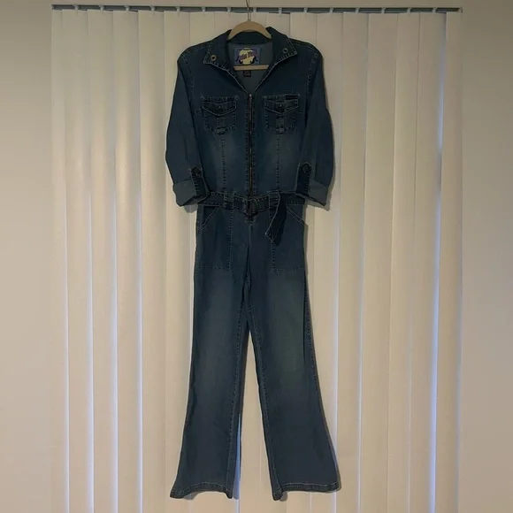 Blue High-Waisted Denim Overalls with Wide-Leg