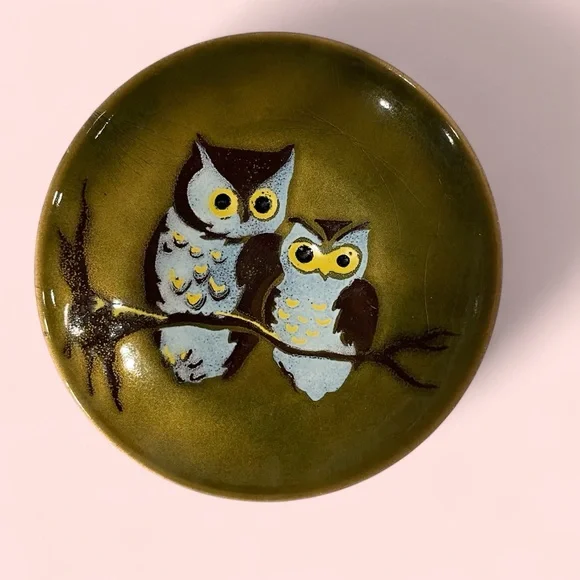 Adorable vintage olive owl plate trinket tray 6” whooooo whoooo