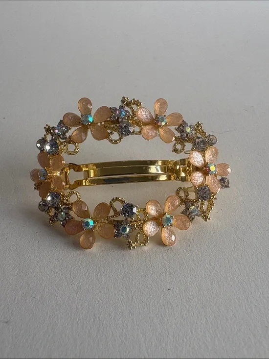 Gold Floral Hair Barrette Peach Flowers Crystal Rhinestone Accent