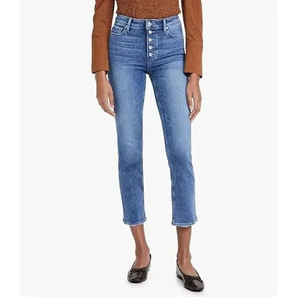 Paige Cindy Crop Straight Exposed Button Fly High-Rise Lightly Distressed 27
