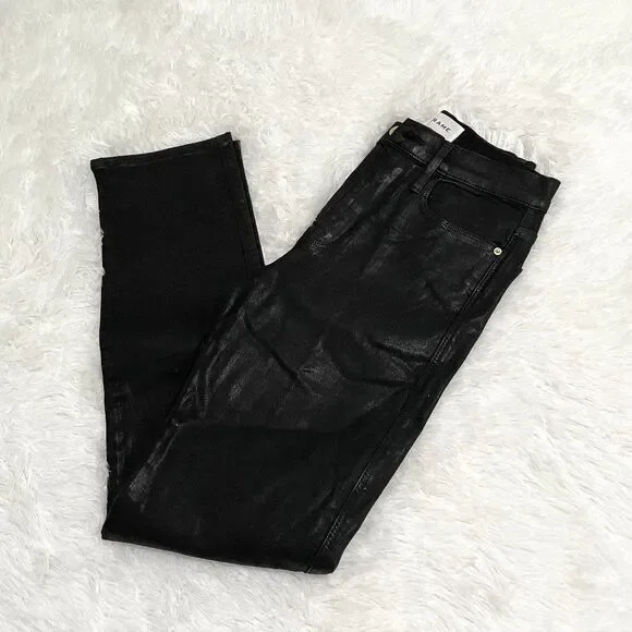 Women Frame Le Sylvie Slender Straight Jeans Coated in Black Size 27