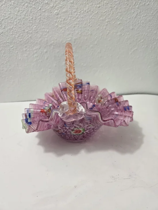 Pink Millefiori Art Glass Basket with Twisted Handle