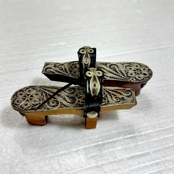 Vintage Wooden Miniature Sandals with Intricate Silver Detailing