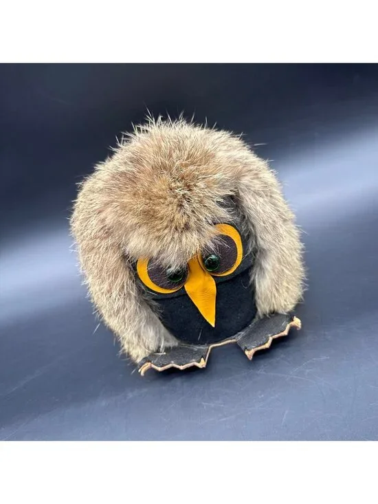Vintage Owl Figurine Fur Leather Mid Century Kitsch Woodland Creature Retro