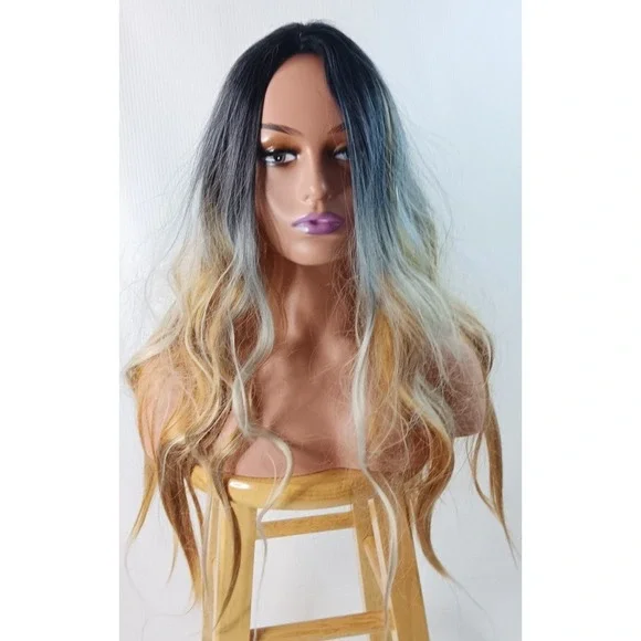 Women's Wavy synthetic layered Ombre Light Copper Brown middle part hair wig 25