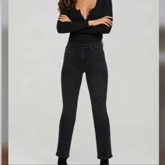 Good American Classic Black Straight Leg Jeans Denim High Waist Ripped Size 4/27