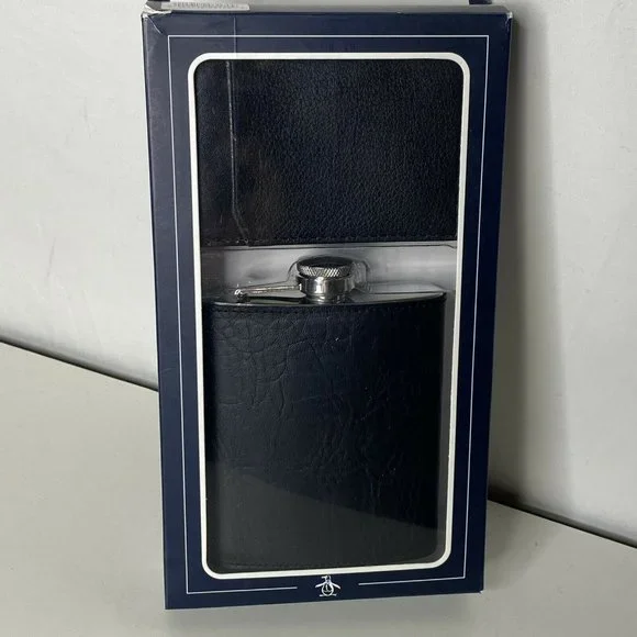 Penguin Black Leather Pocket Flask And Credit Card Holder 2 pc Set NIB