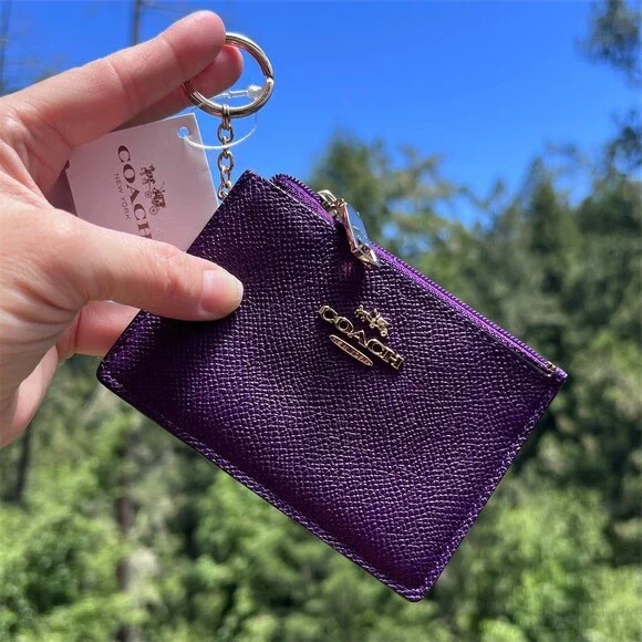 COACH Crossgrain Leather Purple Mini Skinny ID Case Keychain Wallet Gold Hardwre