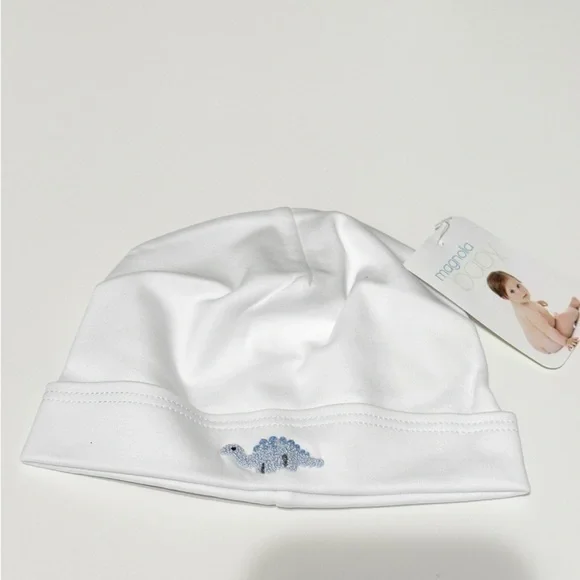 Magnolia baby white Pima cotton baby hat, Tap dinosaur. NWT