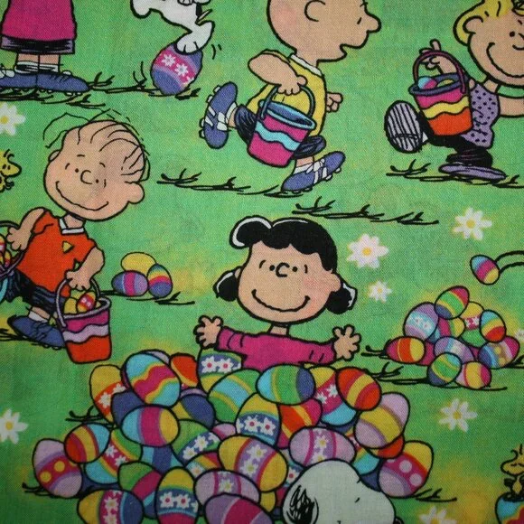 FABRIC #1369 - Cotton - Peanuts Easter Print Egg Hunt Charlie Brown Green - 1 yd