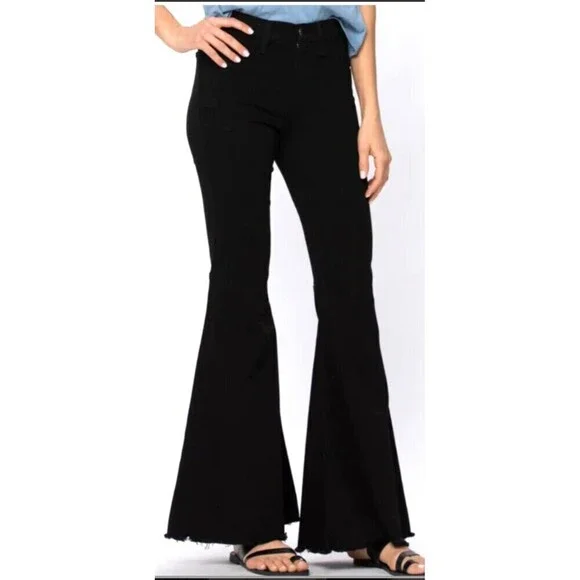 Judy Blue Jeans Womens Sz 7 Black Super Flare High Rise Dark Wash Raw Hem 1083U4