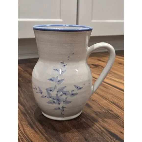 Red Wing Stoneware Blue Spongeware Pitcher Vase Floral Pottery USA
