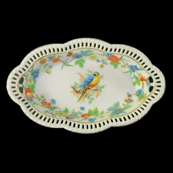 Bavaria Schumann Arzberg Pierced Oval Bowl Bird Floral Reticulated Vintage READ‎