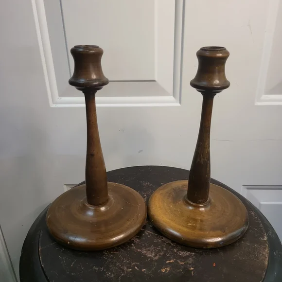 Vintage Wood Art Deco Style Candle Holders 8.25