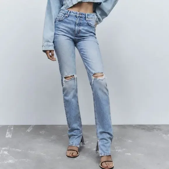 Zara High Rise Straight Leg Distressed Split Hem Jeans Size 6