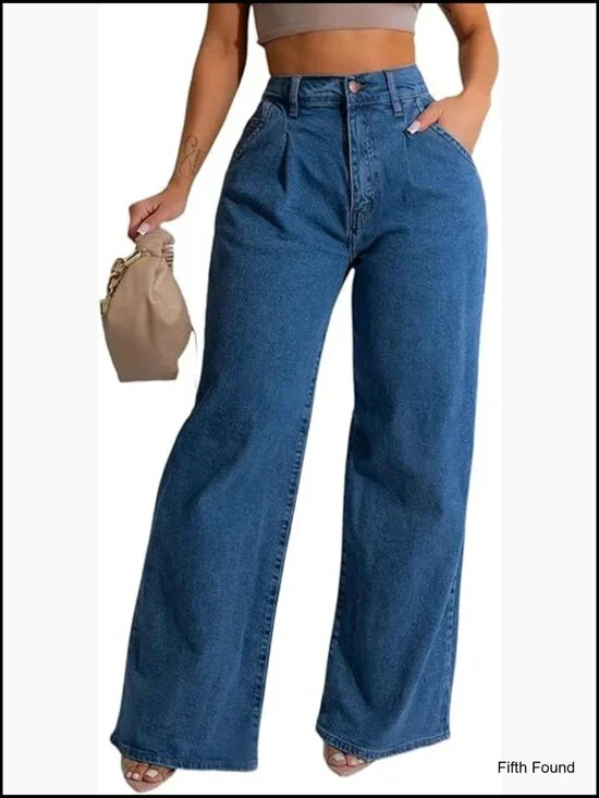 High Waist Wide Leg Stretchy Baggy Casual Denim Jeans with Pockets
