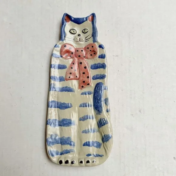 Cat Spoon Rest Dish Wall Hanging Art Pottery Whimsical Made In Italy Decor Vtg