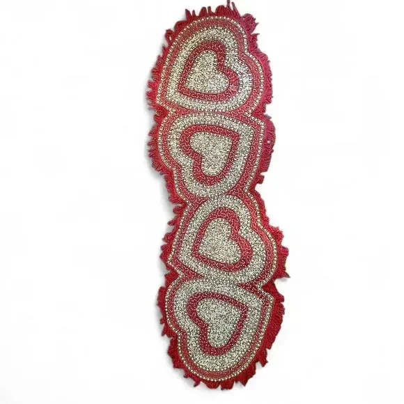 Cynthia Rowley White Red Silver Sequin Pearl Rhinestone Hearts Table Runner 35”