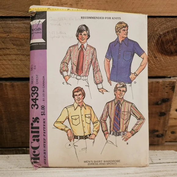 Vintage 1972 McCall's Pattern #3439 Men's Shirt Size Neck 16-1/2 Chest 44