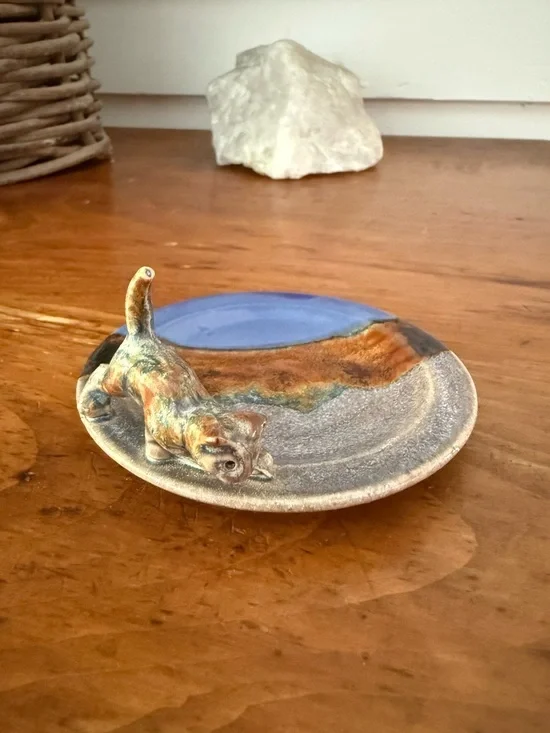 Handmade Pottery Cat Blue Trinket Ring Dish