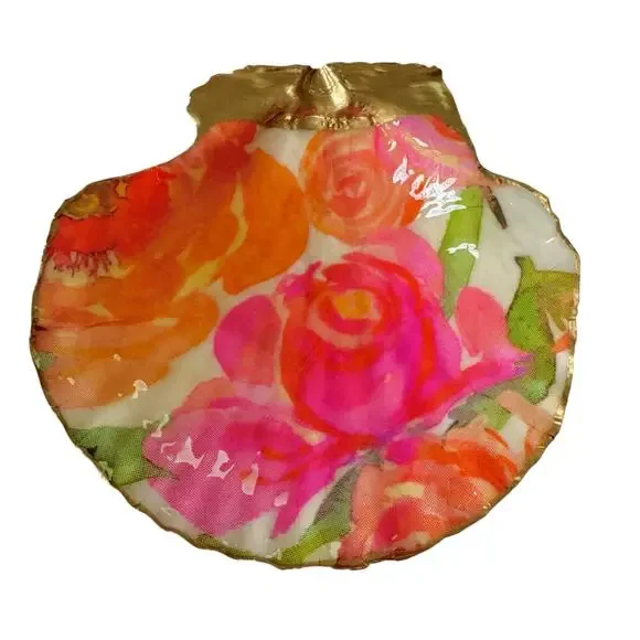 Spring Blossom Pink and Orange Seashell Jewelry Dish Coastal Decor