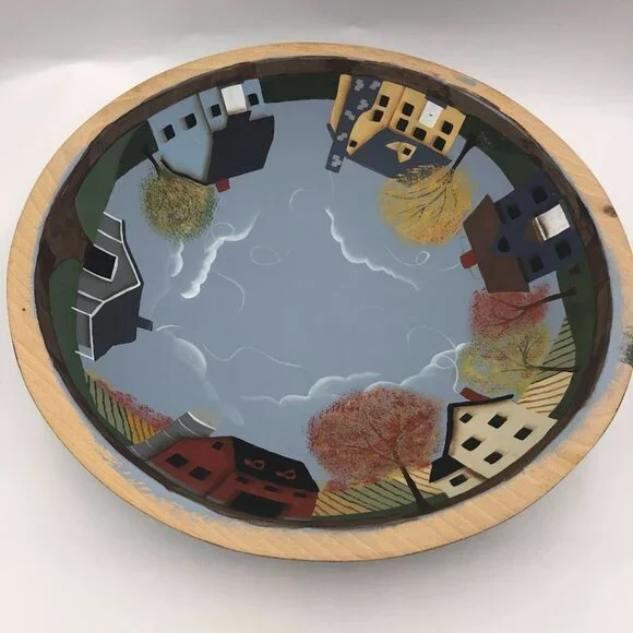 Vintage Hand Painted Wood Decorative Bowl Landscape Scenery Centerpiece