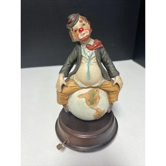 Vintage 1980's Albert Price Ceramic Clown Sitting On Top Of The World Music Box