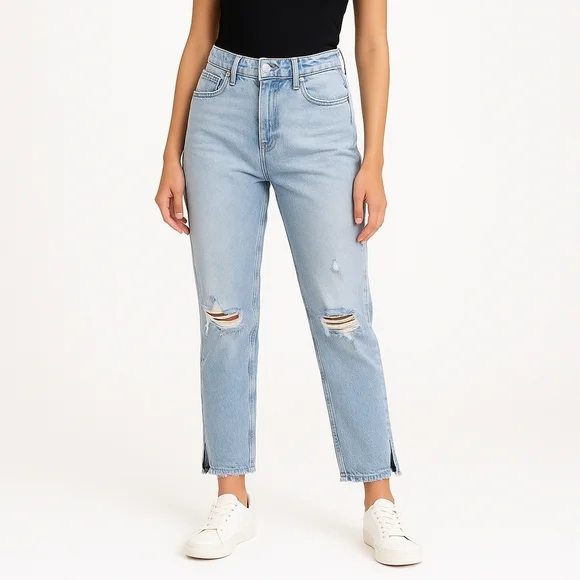 Nature Denim High Rise Mom Jeans Light Wash Distressed Raw Hem Size 9