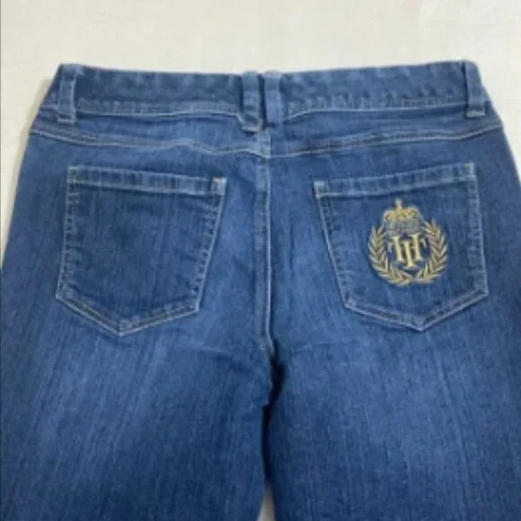 TOMMY HILFIGER Spirit Mid Rise & Skinny Leg Blue Jeans w Gold Embroidery Size 8