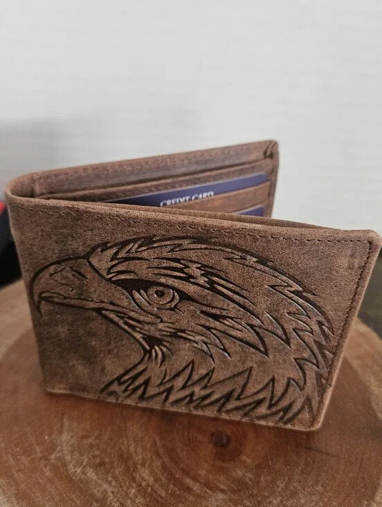 Genuine Cow Leather Bifold Wallet RFID Blocking Brown Embossed Eagle Head