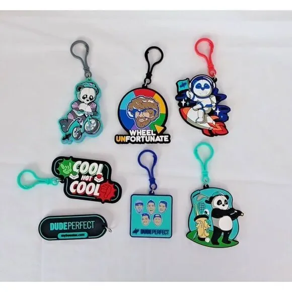 Dude Perfect Keychain Charm Lot Wheel Unfortunate Panda Golf Space Biking Logo