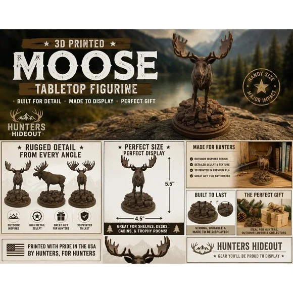Hunters Hideout 3D Printed Moose Tabletop Figurine Brown Wildlife Decor 5.5in