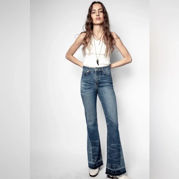 Zadig & Voltaire Jane B Blue Flare Denim Jeans Two Tone Flare High Waisted 80’s