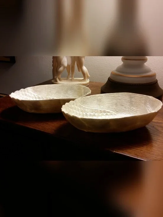 Antique Iridescent Nacre Oblong Bowls Intricate Corn Design Set of 2, 6 1/8