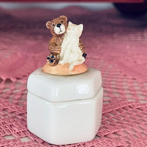 Bear and Cat Ceramic Trinket Box - Brown and White